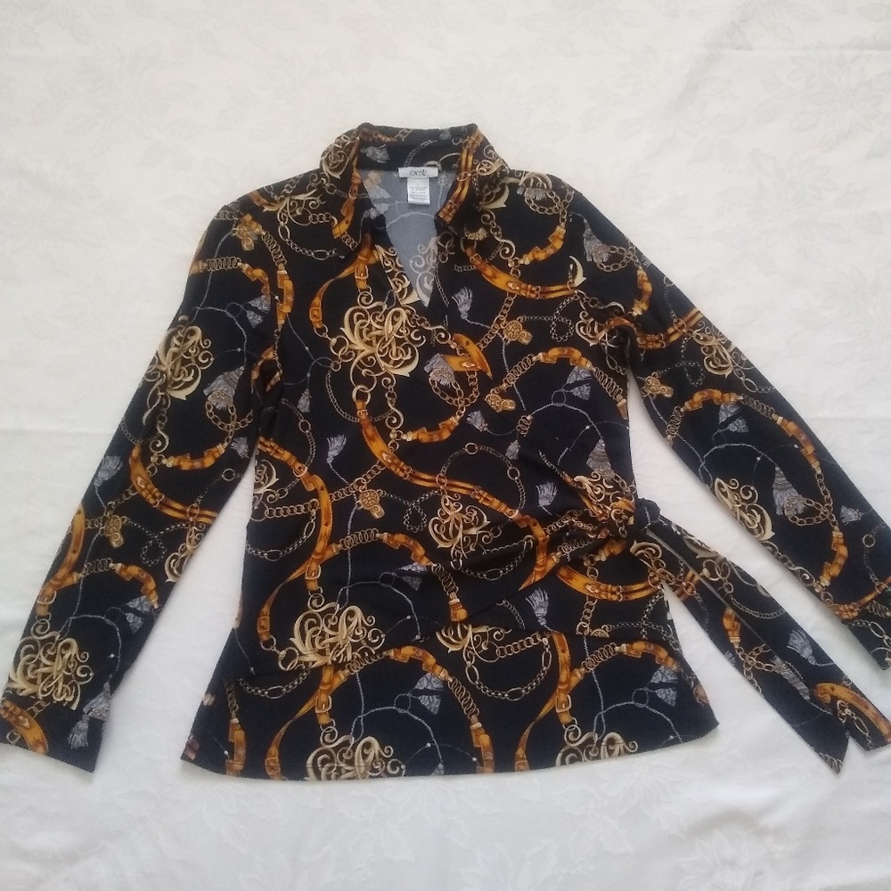 CACHE wrap v-neck equestrian baroque side ties